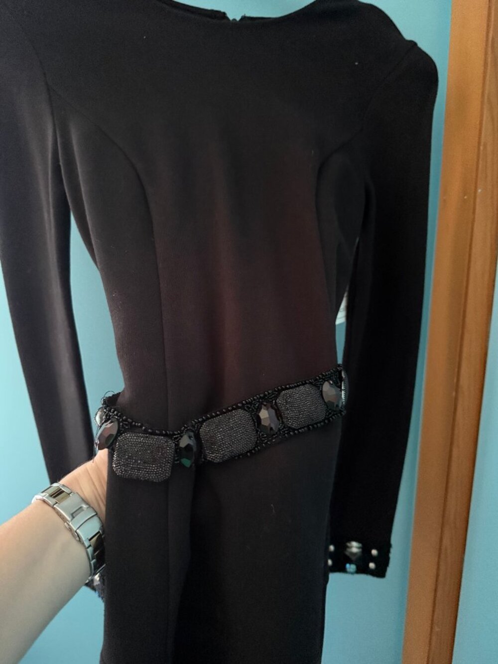 Needle & Thread Chic Black Long Sleeve Dress w/ Embellished Waist & Cuffs